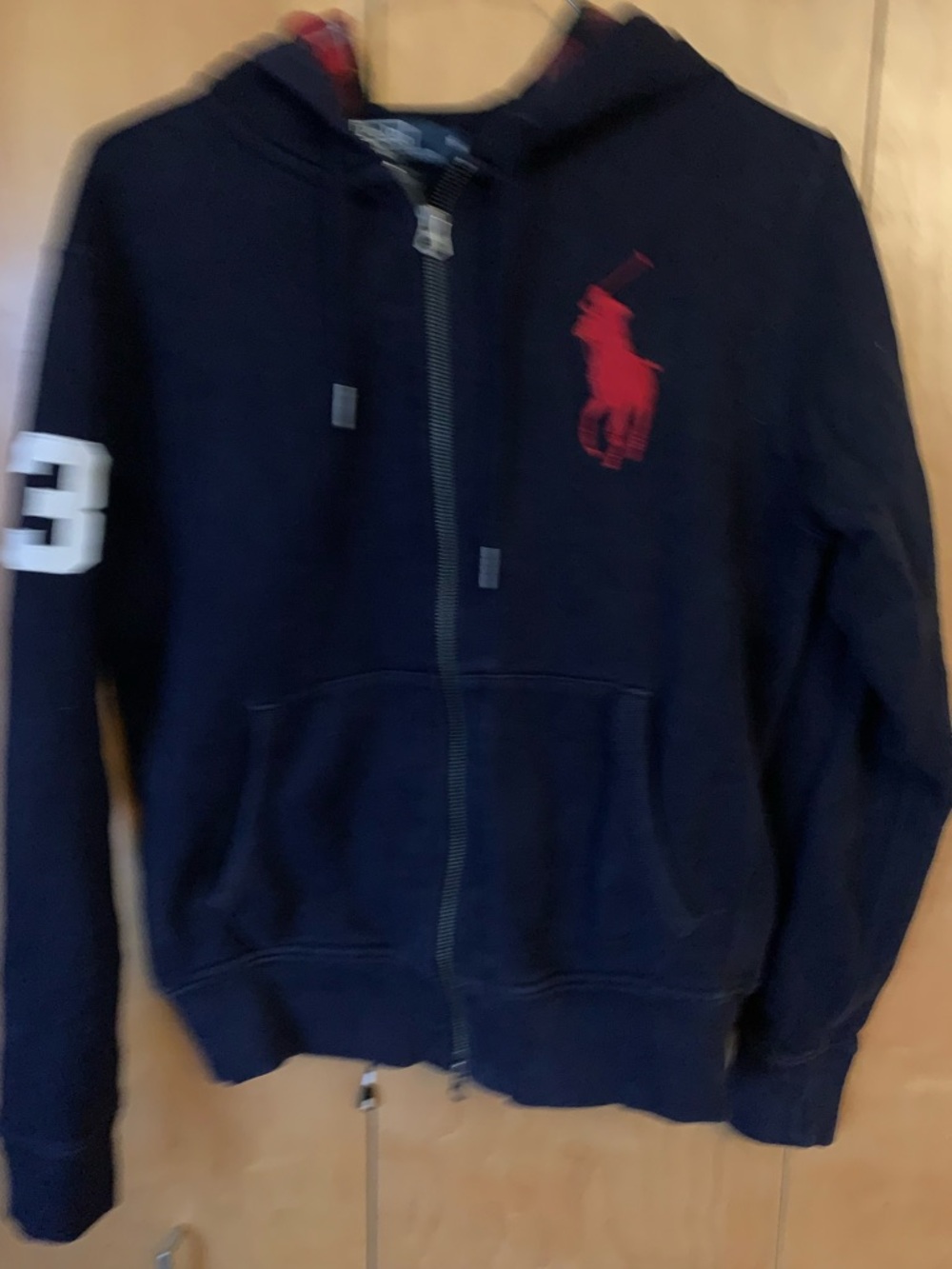 Polo by Ralph Lauren Navy Zip Hoodie with Red Pony and Tartan Hood Lining - Picture 4 of 5